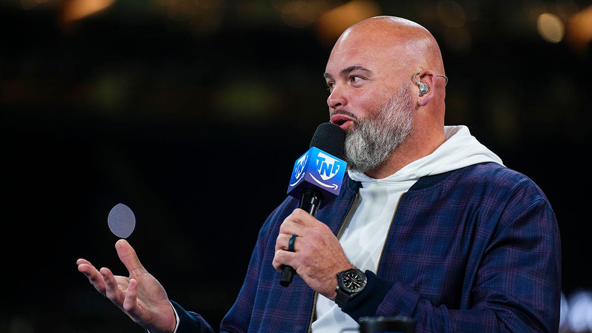 Andrew Whitworth talks on set of Amazon Prime TNF postgame show at Caesars Superdome