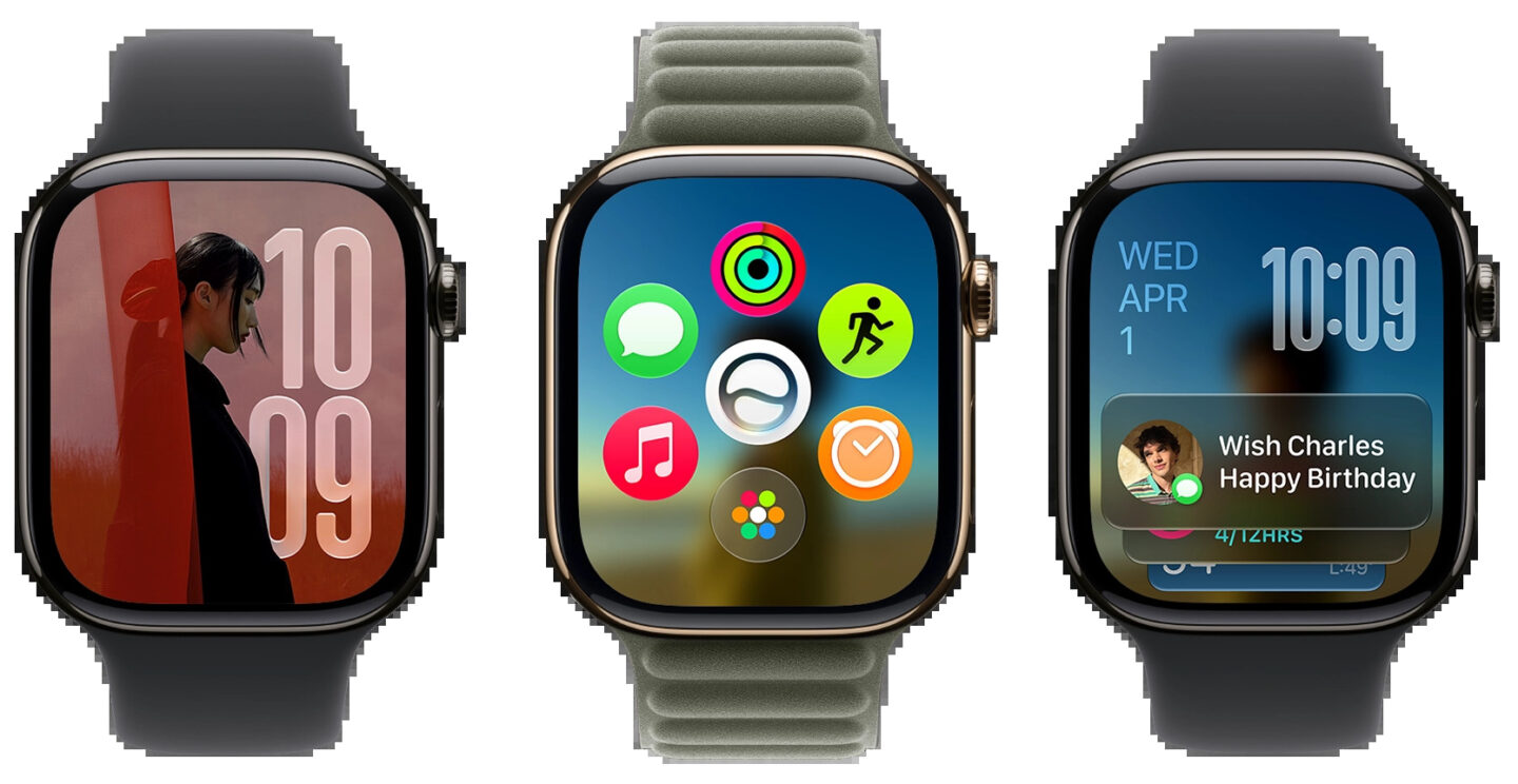 A photo of watchOS 27 running on three different Apple Watches