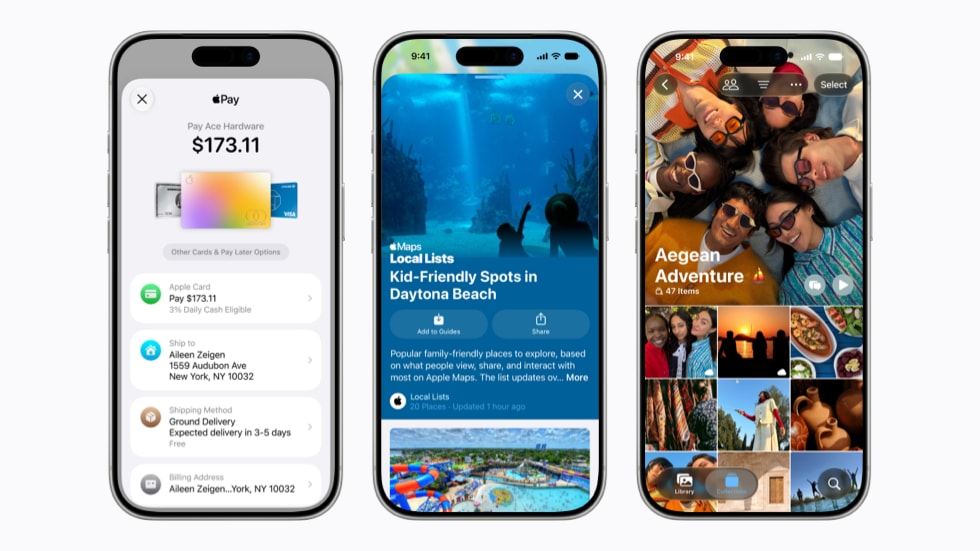 iPhone screen showing Apple Pay with card options and billing/shipping details