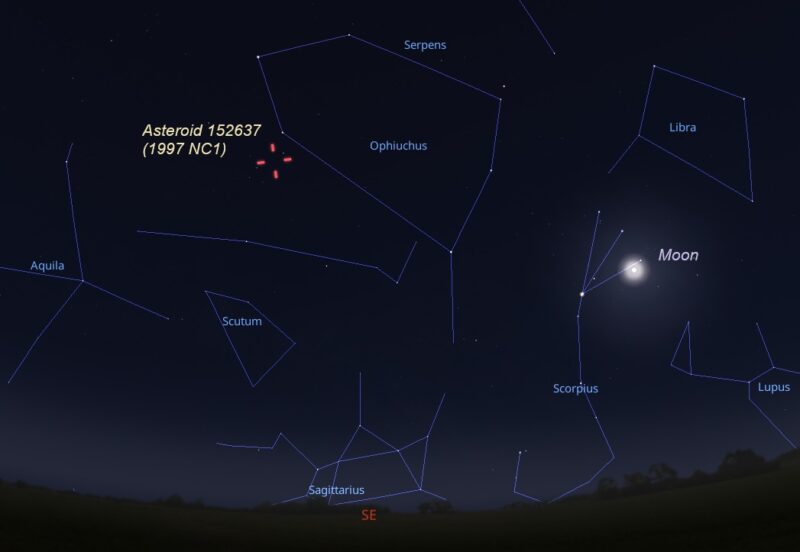 Asteroid with hashmarks to the left of the moon and high above the teapot.