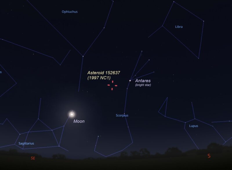 Map showing asteroid location between moon and Antares.