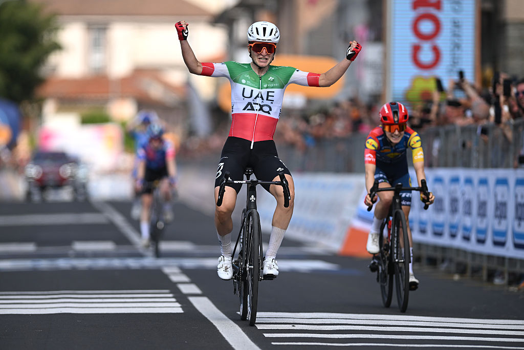 SALUZZO, ITALY - JUNE 07: Elisa Longo Borghini of Italy and UAE Team ADQ celebrates at finish line as stage winner during the 37th Giro d&amp;apos;Italia Women 2026 - Stage 9 a 145km stage from Saluzzo to Saluzzo / #UCIWWT / on June 07, 2026 in Saluzzo, Italy. (Photo by Luc Claessen/Getty Images)