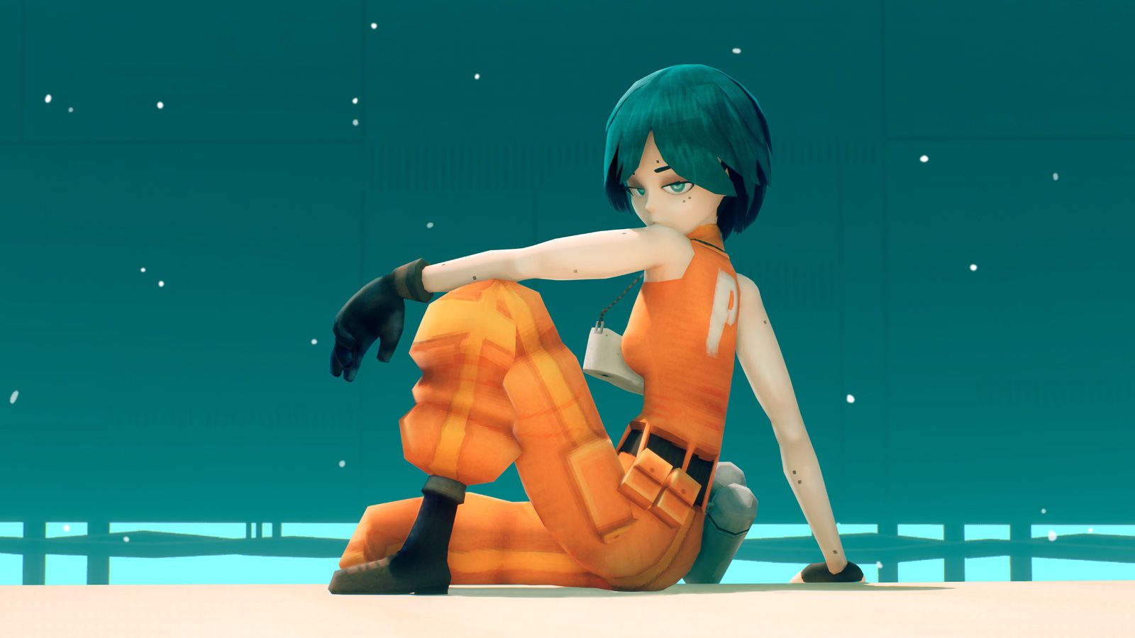 A women in an orange jumpsuit sits on a ledge in a stylised video game