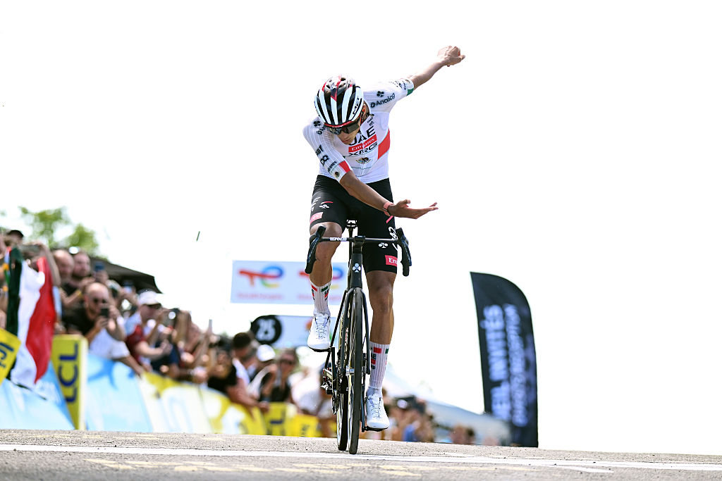 GRAND COLOMBIER, FRANCE - JUNE 13: Isaac Del Toro of Mexico and UAE Team Emirates - XRG celebrates at finish line as stage winner during the 78th Tour Auvergne-Rhone-Alpes 2026, Stage 7 a 133.6km stage from La Bridoire to Grand Colombier 1496m / #UCIWT / on June 13, 2026 in Grand Colombier, France. (Photo by Dario Belingheri/Getty Images)