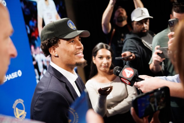 Golden State Warriors' first-round pick Yaxel Lendeborg participates in a press conference Friday, June 26, 2026, at Chase Center in San Francisco. (Dai Sugano/Bay Area News Group)