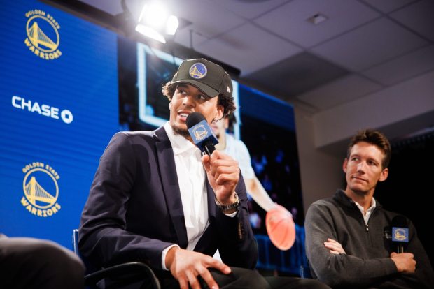 Golden State Warriors' first-round pick Yaxel Lendeborg speaks during a press conference Friday, June 26, 2026, at Chase Center in San Francisco. (Dai Sugano/Bay Area News Group)