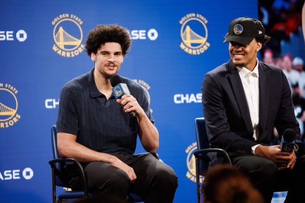 Golden State Warriors' second-round pick Lajae Jones speaks during a press conference Friday, June 26, 2026, at Chase Center in San Francisco. (Dai Sugano/Bay Area News Group)