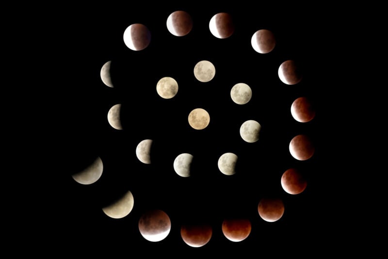 A spiral arrangement of 25 images shows the phases of a lunar eclipse, from a bright full moon in the center to increasingly shadowed and reddish moons toward the outer edge, all set against a black background.
