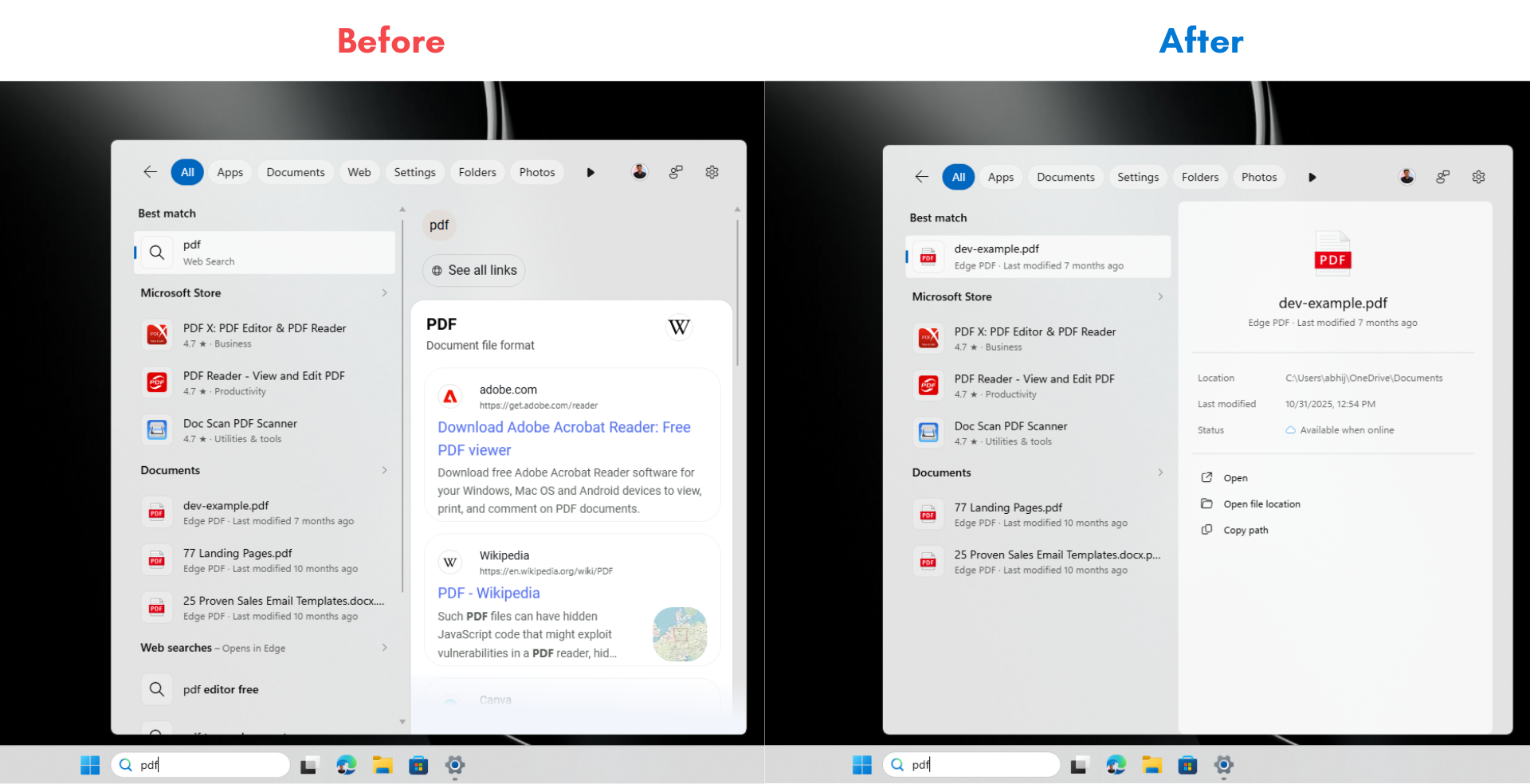 Before and after disabling web search in Windows Search