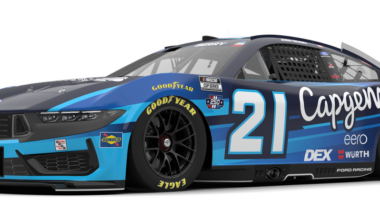 Blue and black Ford NASCAR stock car, number 21, with CapGenn sponsor livery and Goodyear tires (informative image).