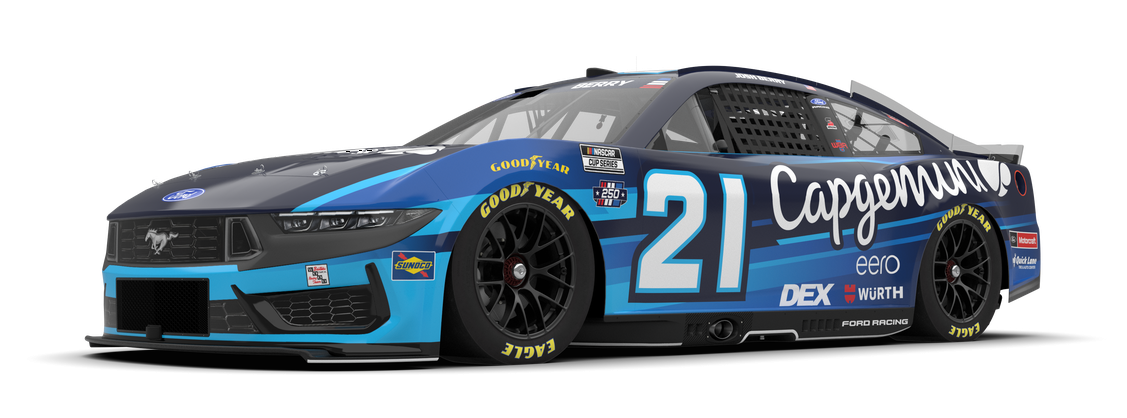 Blue and black Ford NASCAR stock car, number 21, with CapGenn sponsor livery and Goodyear tires (informative image).