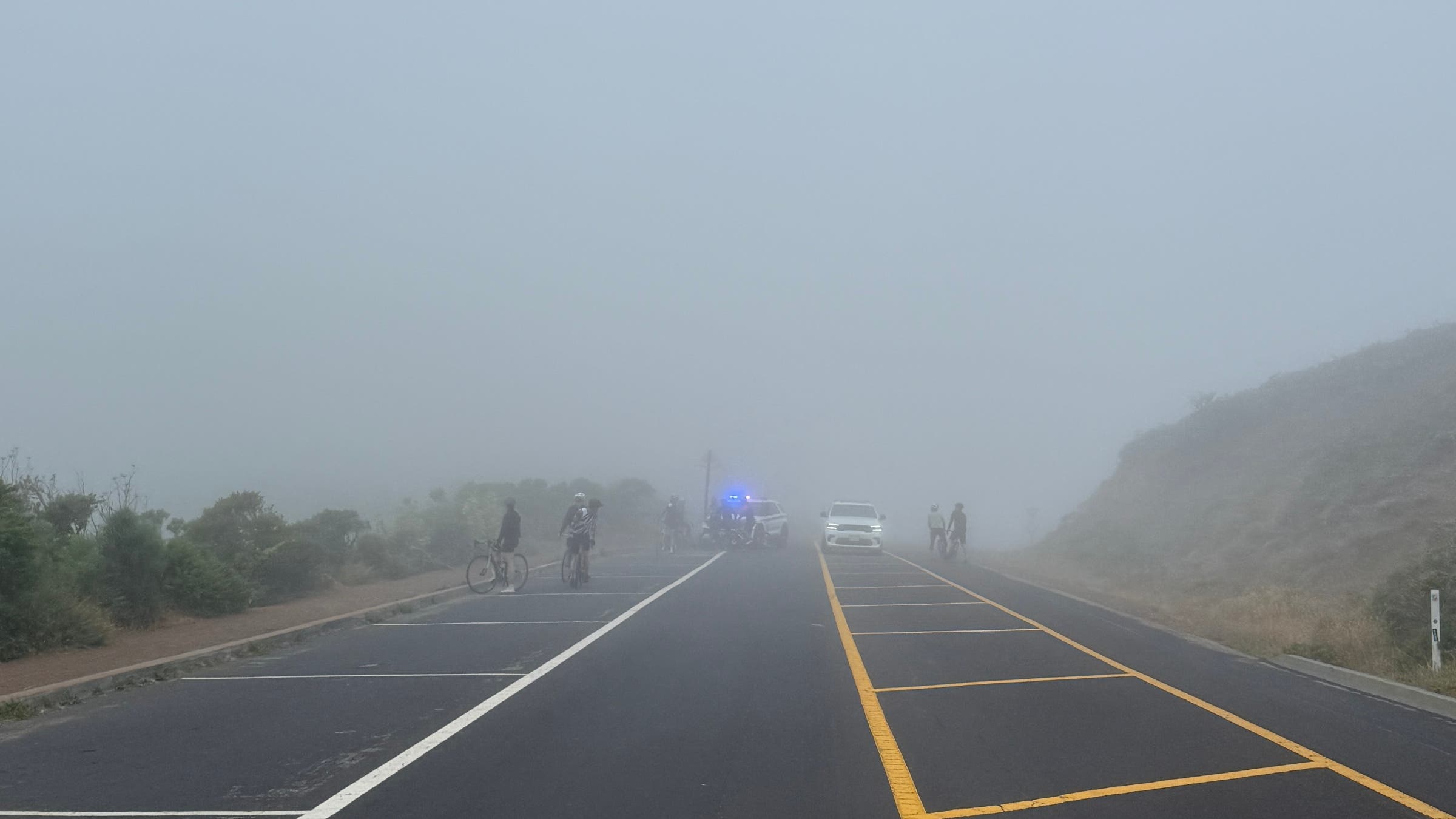 Bike crash on foggy road