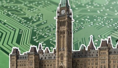 Canada's Parliament Buildings set against a green computer chip background.