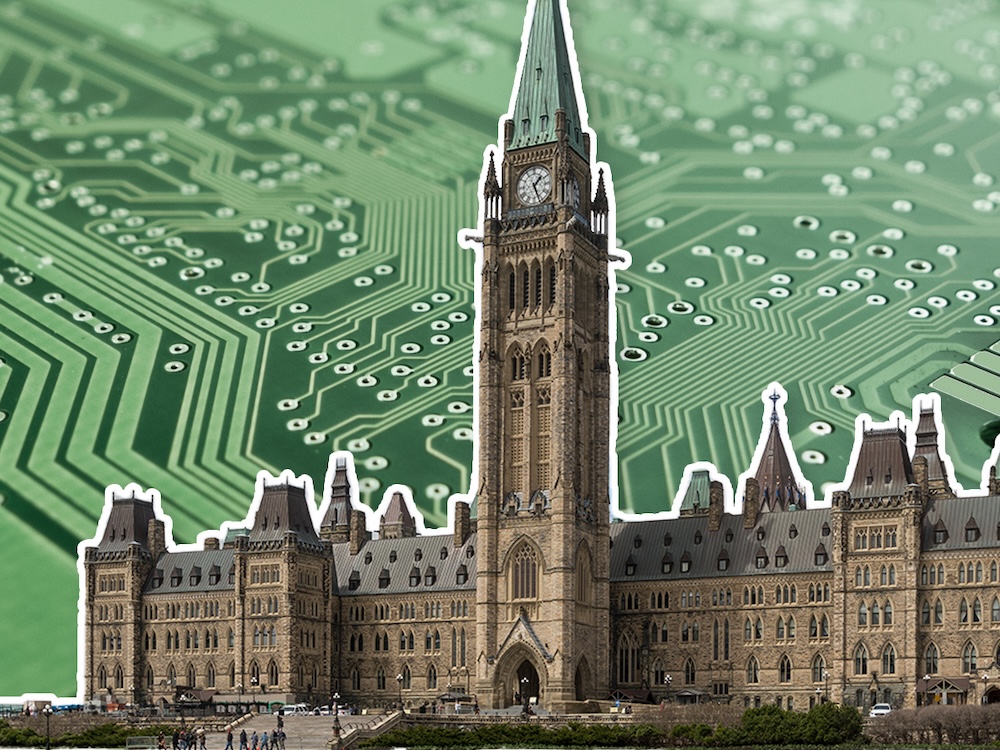 Canada's Parliament Buildings set against a green computer chip background.