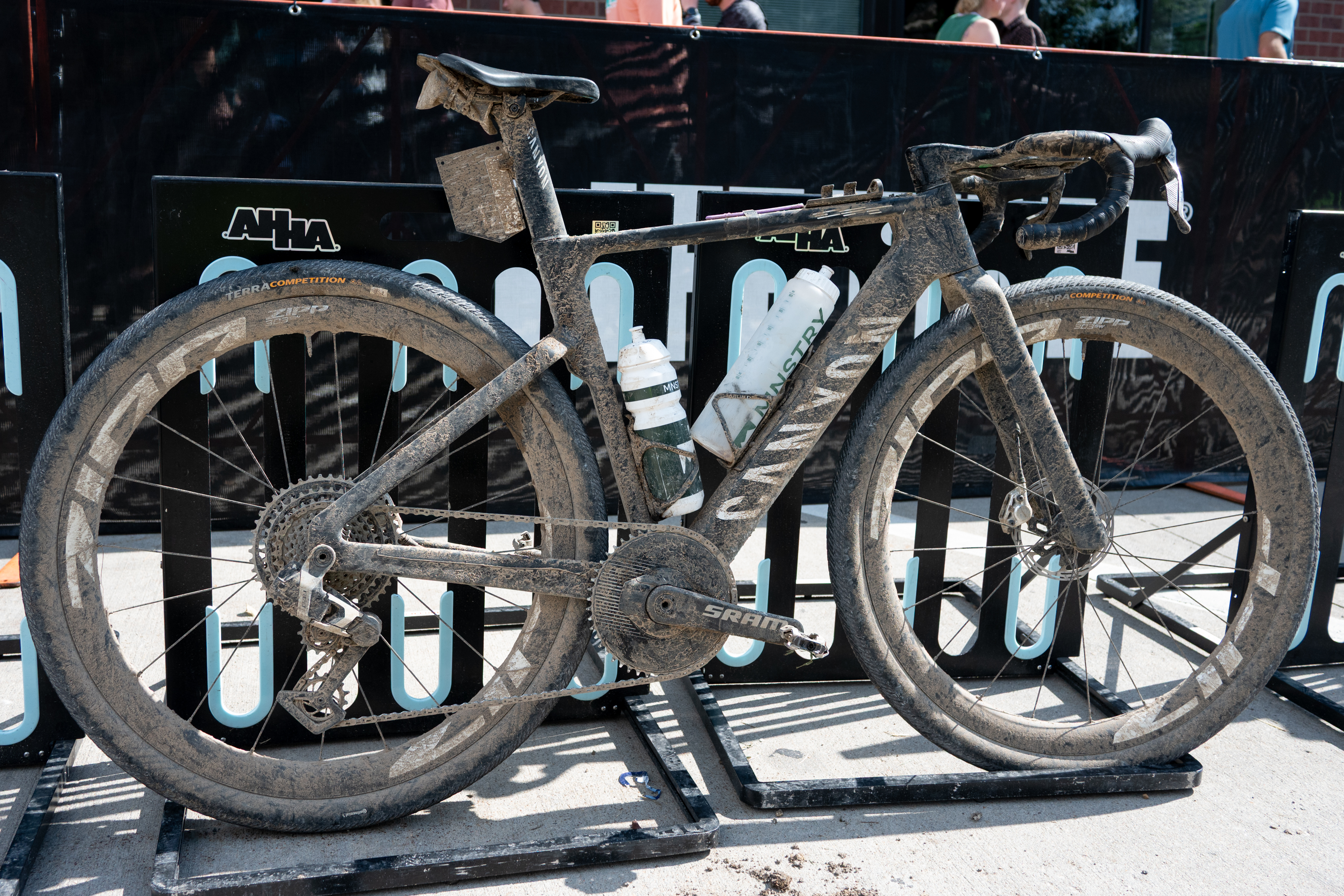 Photos of the bikes from the finish line of Unbound Gravel 2026