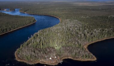 An aerial image of a large river bending its way through a vast natural landscape.