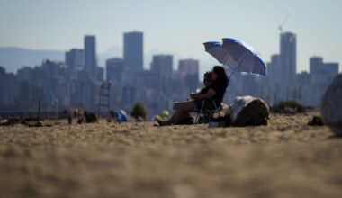 People sit under umbrellas at Locarno Beach in Vancouver. Skyscrapers stand tall in the background.
