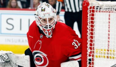 Carolina Hurricanes’ Bussi in starter’s net for practice