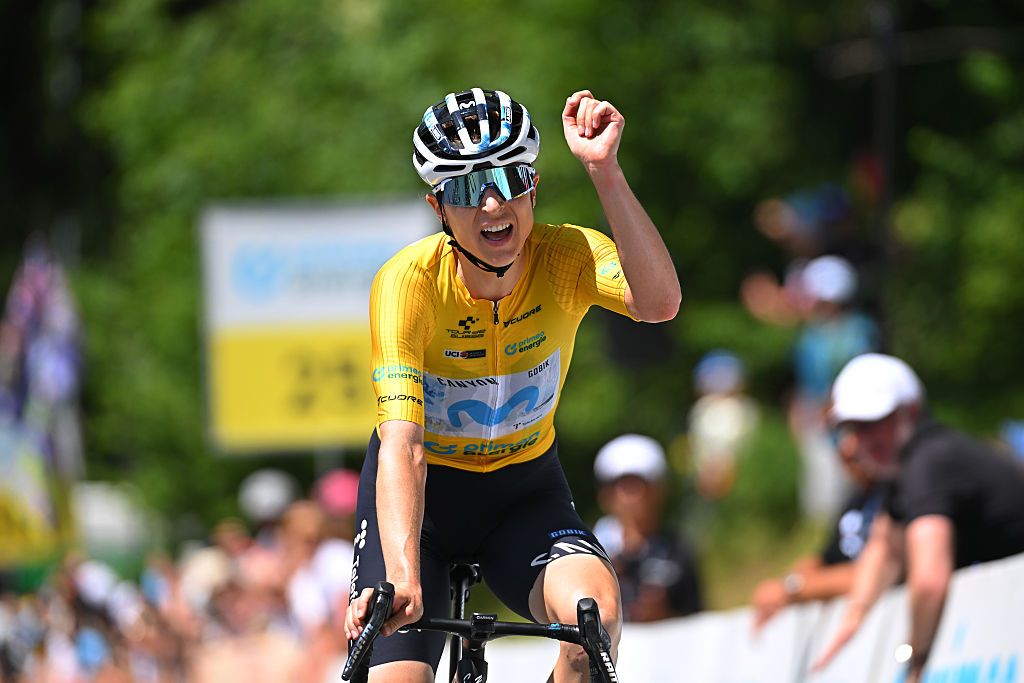 VILLARS-SUR-OLLON, SWITZERLAND - JUNE 21: Marlen Reusser of Switzerland and Team Movistar - Yellow Leader Jersey celebrates at finish line as stage winner during the 10th Tour de Suisse Women 2026, Stage 5 a 100.4km stage from Villars-sur-Ollon to Villars-sur-Ollon 1249m / #UCIWT / on June 21, 2026 in Villars-sur-Ollon, Switzerland. (Photo by Tim de Waele/Getty Images)