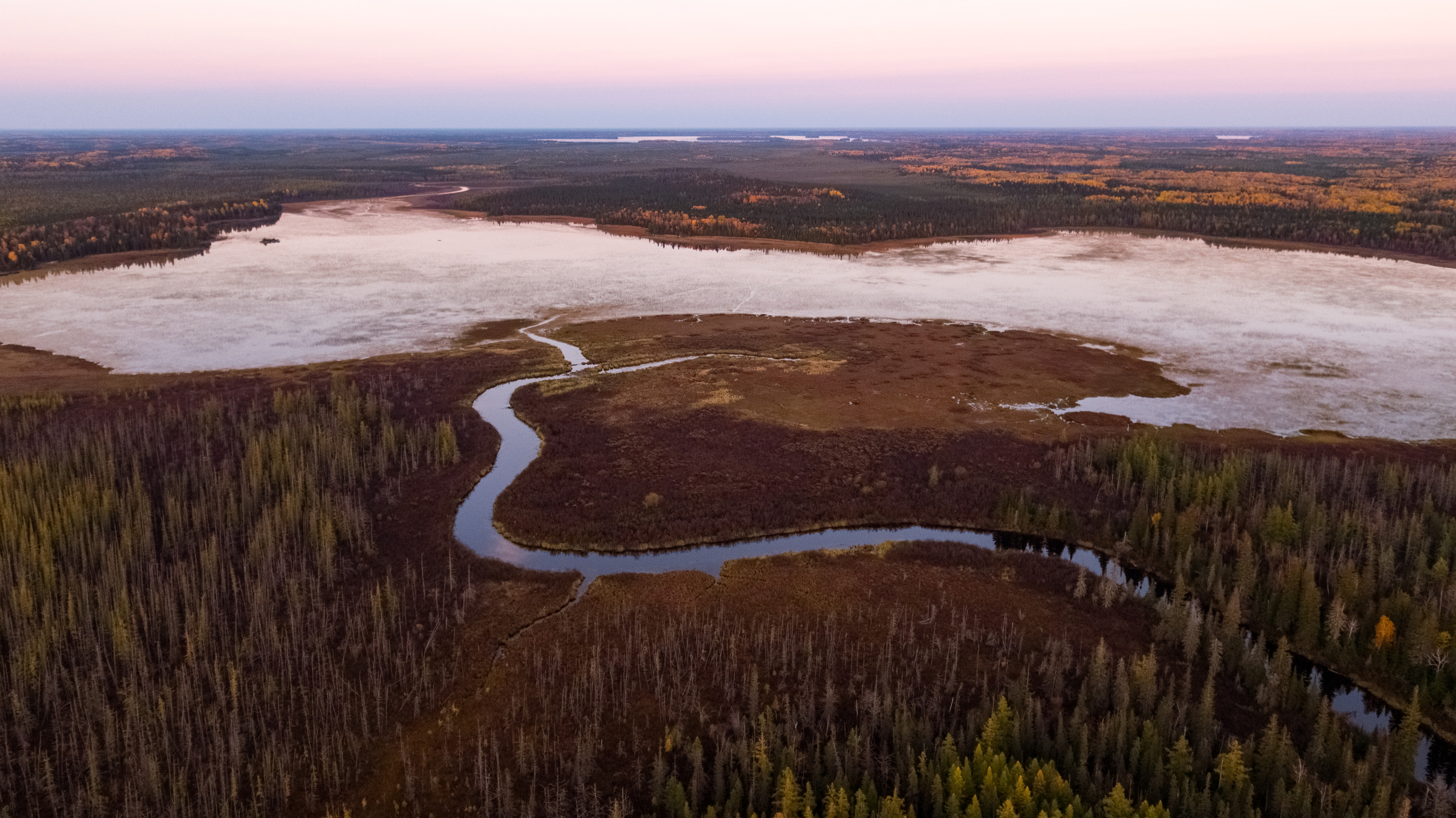 Aerial view of forest, lake and river