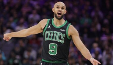 Boston Celtics guard Derrick White reacts after not getting a foul call against the Sacramento Kings during the first half of an NBA basketball game Thursday, Jan. 1, 2026, in Sacramento, Calif.