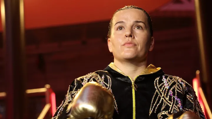 Chantelle Cameron walks to the ring for her fight against Michaela Kotaskova at Olympia in Kensington, London. (April 5, 2026)