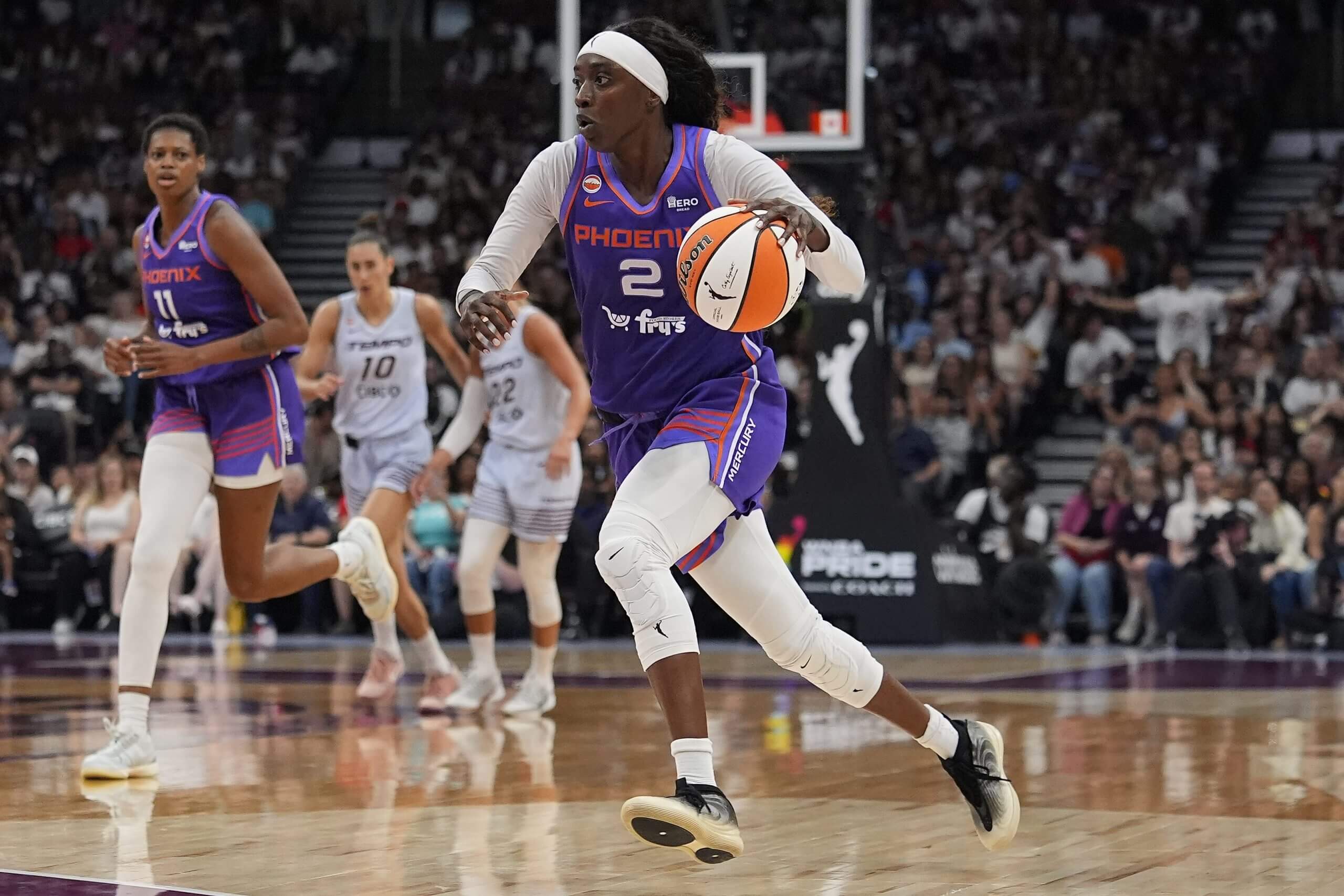 Phoenix Mercury guard Kahleah Copper dribbles the ball against the Toronto Tempo during the second half at Scotiabank Arena on June 27, 2026.