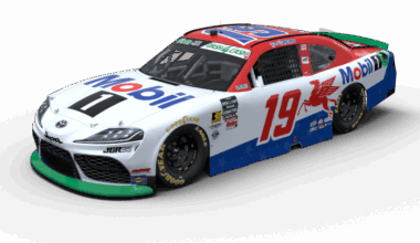 NASCAR race car number 19 with Mobil 1 livery in white, red, and blue, featuring a red horse logo and green front splitter on a black background
