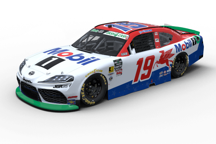 NASCAR race car number 19 with Mobil 1 livery in white, red, and blue, featuring a red horse logo and green front splitter on a black background