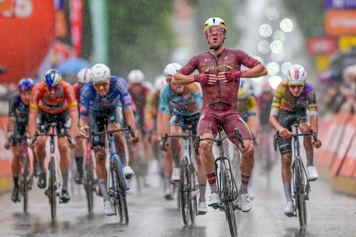 New Zealander Ben Oliver of Modern Adventure Pro Cycling celebrates as he crosses the finish line to win the second stage of the Tour De Wallonie cycling race, 192 km from Jodoigne to Libramont-Chevigny, on Tuesday 02 June 2026. BELGA PHOTO DAVID PINTENS (Photo by DAVID PINTENS / BELGA MAG / Belga / AFP via Getty Images)