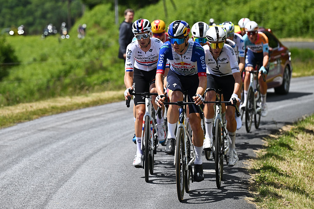 MONTROND-LES-BAINS, FRANCE - JUNE 10: Finn Fisher-Black of New Zealand and Team Red Bull - BORA - hansgrohe competes in the breakaway during the 78th Tour Auvergne-Rhone-Alpes 2026, Stage 4 a 167.4km stage from Le Puy-en-Velay to Montrond-les-Bains / #UCIWT / on June 10, 2026 in Montrond-les-Bains, France. (Photo by Dario Belingheri/Getty Images)
