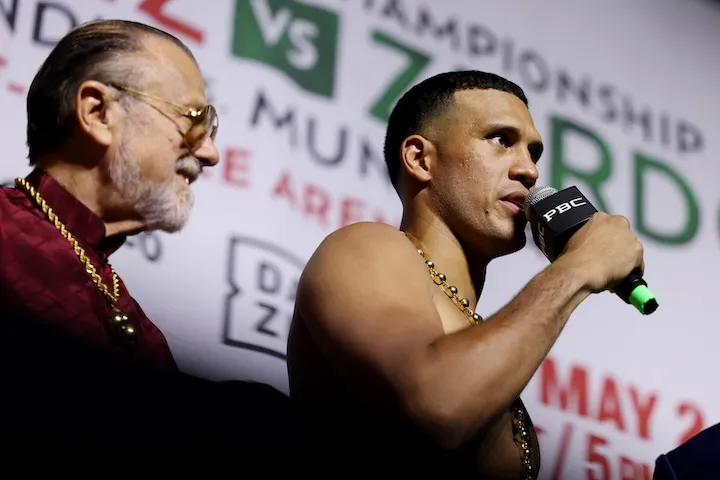 David Benavidez (right) and Sampson Lewkowicz at the ceremonial weigh-in for his fight against Gilberto "Zurdo" Ramirez. (May 1, 2026)