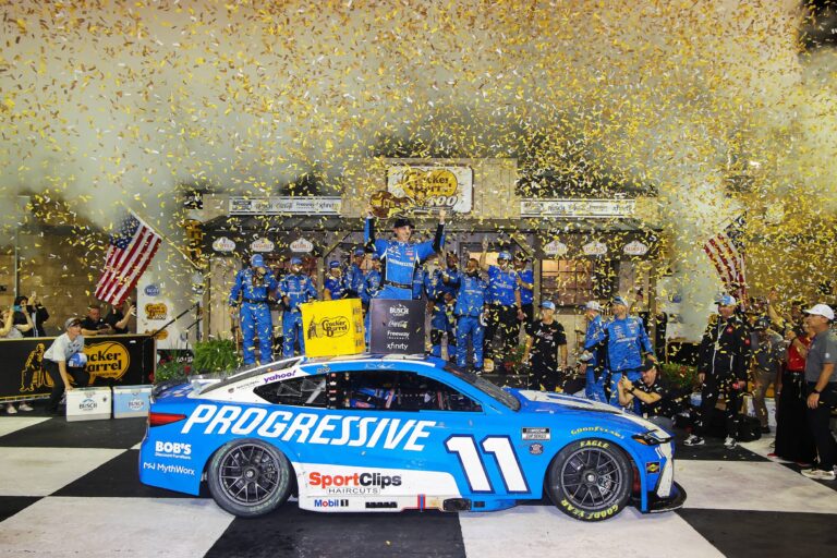 Denny Hamlin in victory lane at Nashville Superspeedway - NASCAR Cup Series