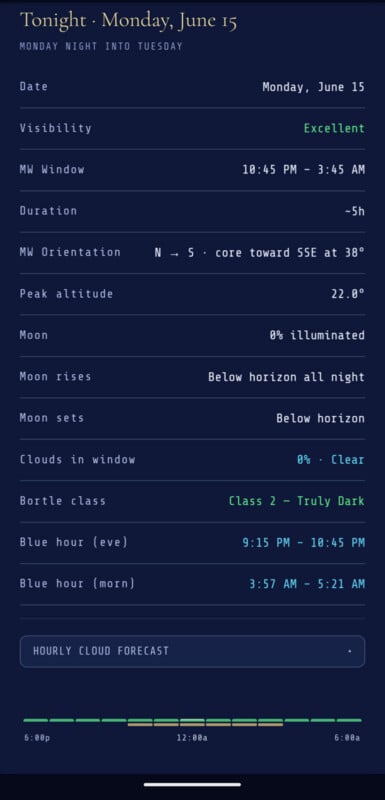 A weather app screenshot shows excellent visibility for stargazing on Monday, June 15, with a truly dark sky class, no clouds, and minimal moonlight from 10:45 PM to 3:45 AM. Blue hours are listed at the bottom.