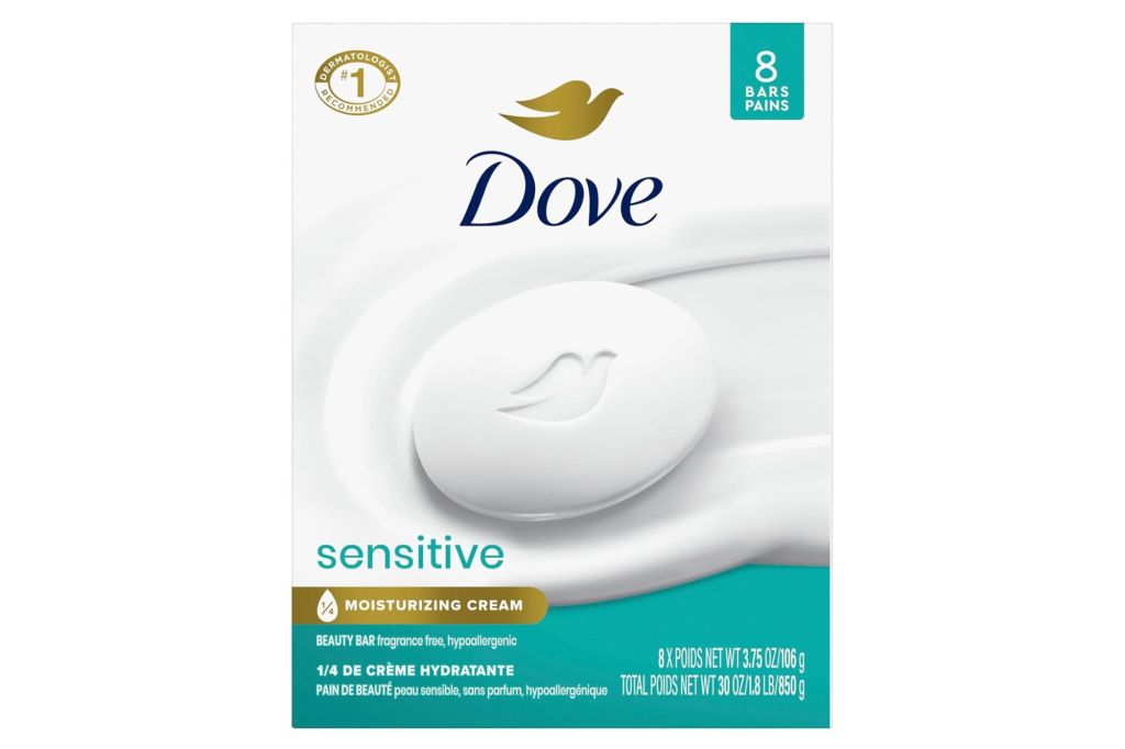 An eight pack of Dove sensitive skin soap