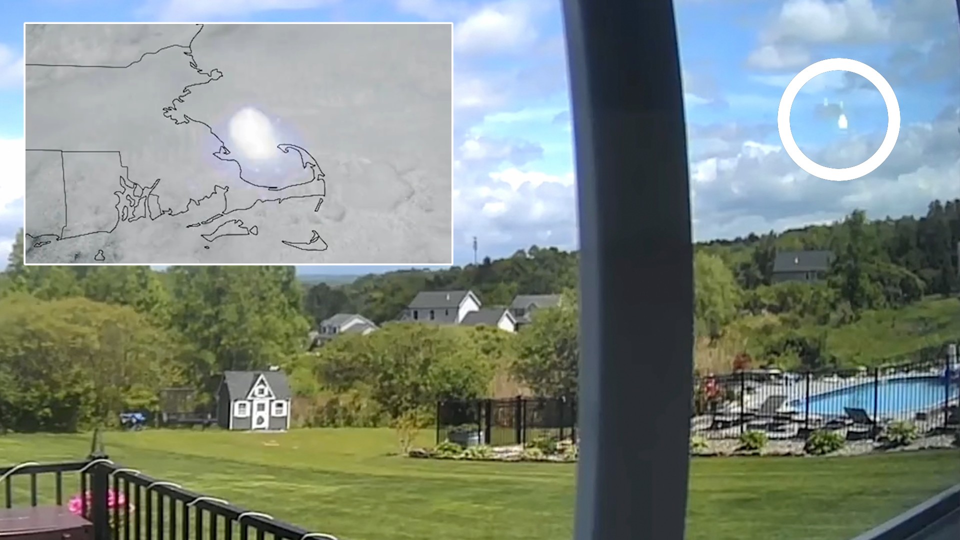 two images: one of a bright flash seen above clouds in a satellite image; and another of a bright green streak seen in a cloudy blue sky above houses in a wooded neighborhood