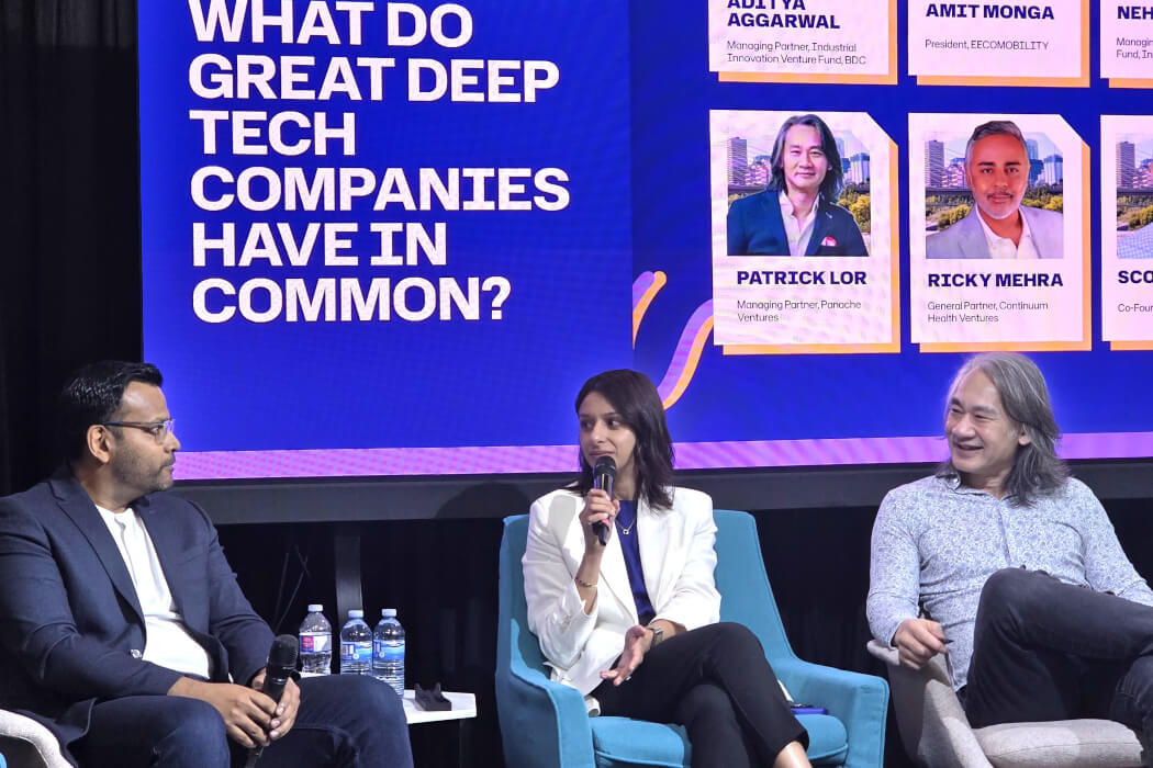 From left to right: BDC Industrial Innovation Venture Fund managing partner, Aditya Aggarwal, Innovobot IRV Fund managing partner, Neha Khera, and Panache Ventures managing partner, Patrick Lor during a panel discussion at Edmonton Unlimited