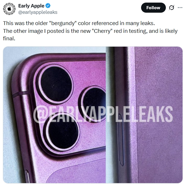 EarlyAppleLeaks showing Bergundy iPhone 18 Pro EarlyAppleLeaks showing Bergundy iPhone 18 Pro