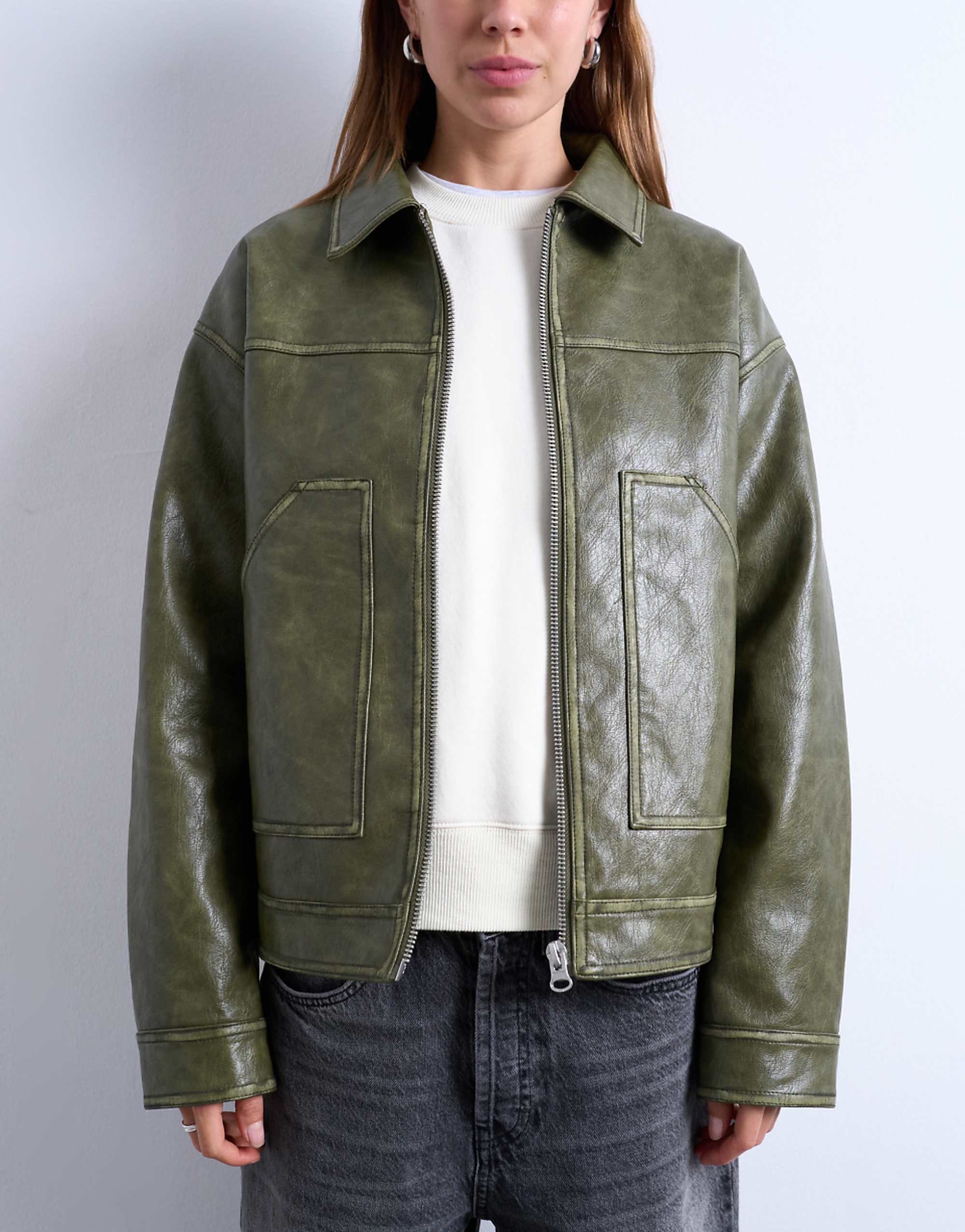Topshop Faux Leather Zip Up Jacket With Patch Pockets in Washed Green