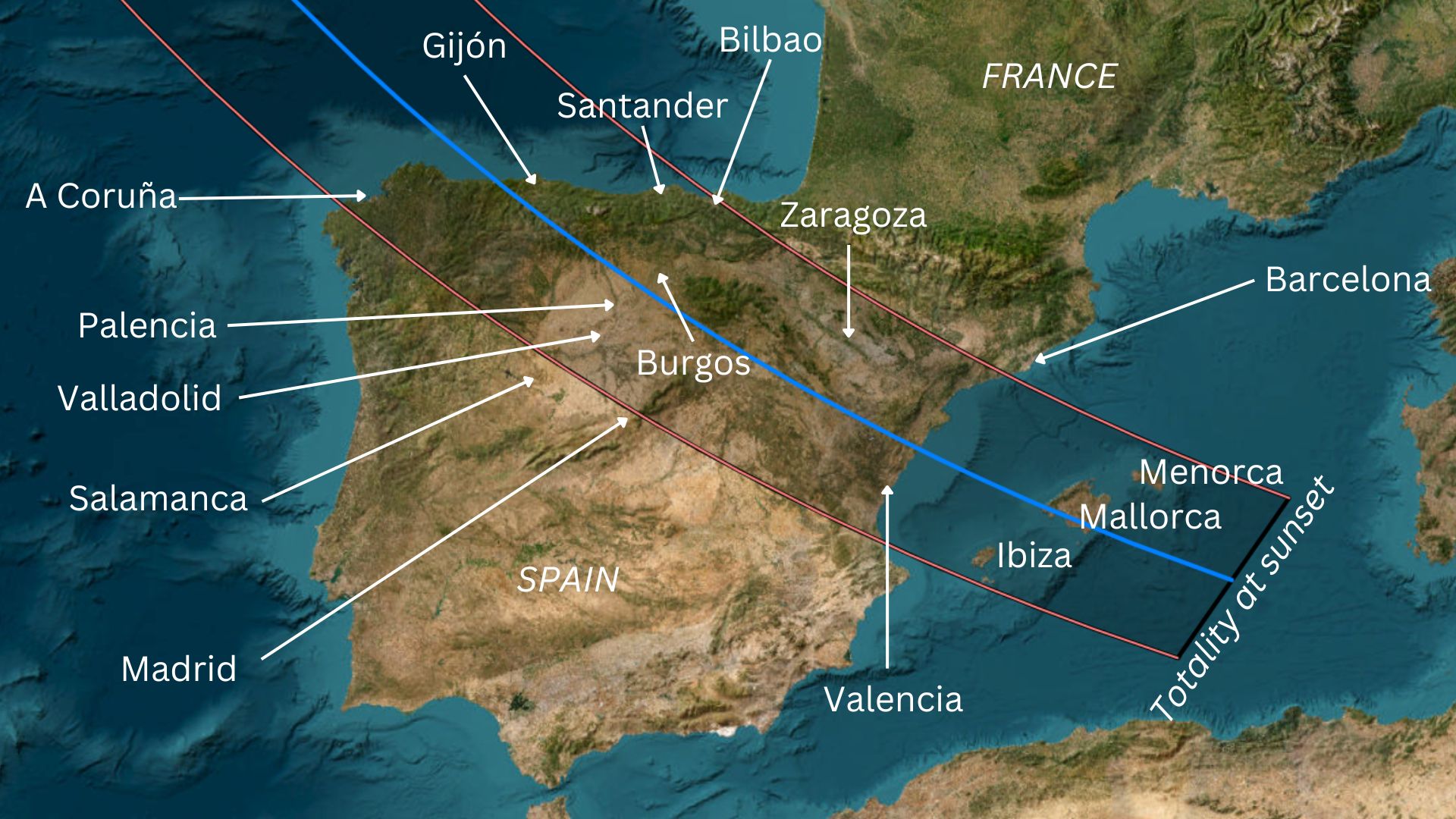 map showing the path of the total solar eclipse across spain on Aug. 12, 2026.