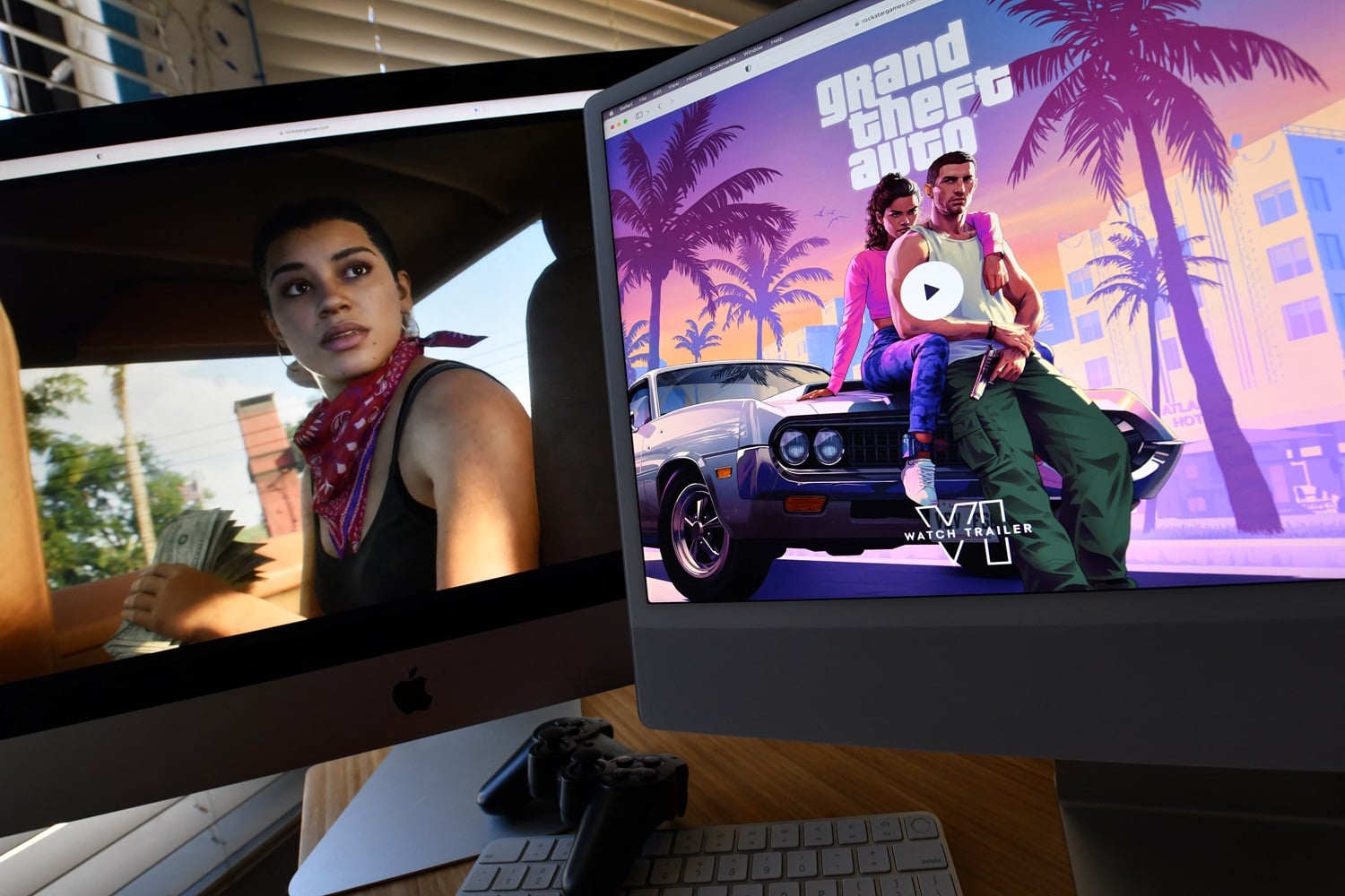A screen showing a shot from the GTA VI trailer next to the poser for Grand Theft Auto VI.