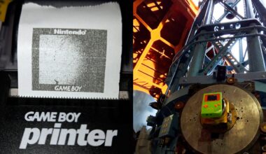 A split image: left, a Game Boy Printer prints a pixelated image; right, a lime green Game Boy is attached to industrial machinery under a metal structure.