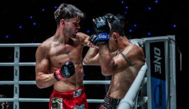 British Muay Thai fighter George Jarvis punches Rungrawee Sitsongpeenong to the head