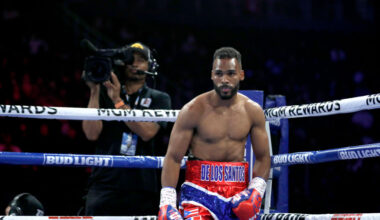 LAS VEGAS, NEVADA - NOVEMBER 16: Edwin De Los Santos waits for the start of a fight for a vacant WBC lightweight title against Shakur Stevenson on November 16, 2023 in Las Vegas, Nevada. Stevenson won the vacant title by unanimous decision. (Photo by Steve Marcus/Getty Images)