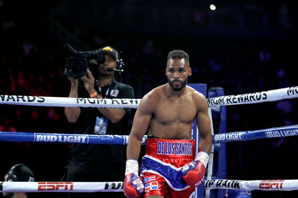LAS VEGAS, NEVADA - NOVEMBER 16: Edwin De Los Santos waits for the start of a fight for a vacant WBC lightweight title against Shakur Stevenson on November 16, 2023 in Las Vegas, Nevada. Stevenson won the vacant title by unanimous decision. (Photo by Steve Marcus/Getty Images)