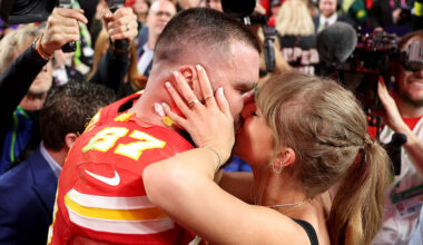 Travis Kelce #87 of the Kansas City Chiefs kisses Taylor Swift after defeating the San Francisco 49ers 25-22 in overtime during Super Bowl LVIII at Allegiant Stadium on February 11, 2024 in Las Vegas, Nevada.
