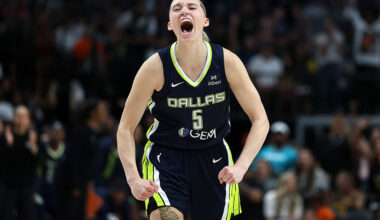 ARLINGTON, TEXAS - JUNE 27: Paige Bueckers #5 of the Dallas Wings reacts to an officials call during the second half of a game against the Indiana Fever at American Airlines Center on June 27, 2025 in Dallas, Texas. NOTE TO USER: User expressly acknowledges and agrees that, by downloading and or using this photograph, User is consenting to the terms and conditions of the Getty Images License Agreement.