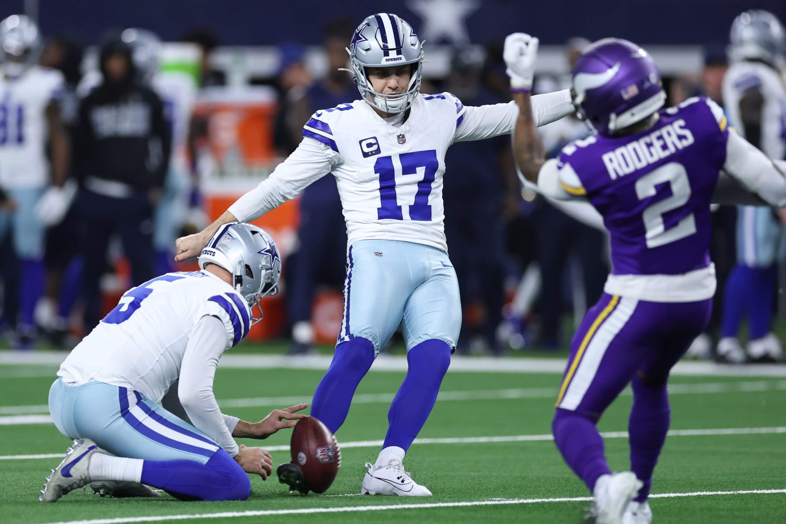 Brandon Aubrey kicks a field goal attempt for the Dallas Cowboys