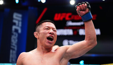 LAS VEGAS, NEVADA - FEBRUARY 07: Kyoji Horiguchi of Japan reacts after defeating Amir Albazi of Iraq in a flyweight fight during the UFC Fight Night event at Meta APEX on February 07, 2026 in Las Vegas, Nevada. (Photo by Chris Unger/Zuffa LLC)