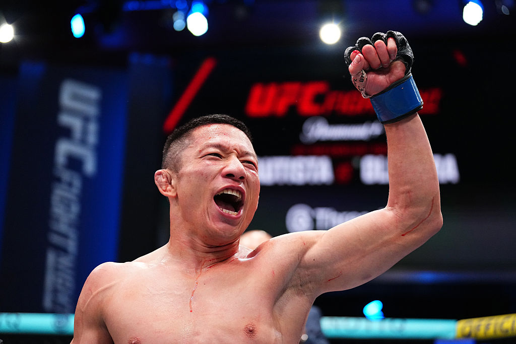 LAS VEGAS, NEVADA - FEBRUARY 07: Kyoji Horiguchi of Japan reacts after defeating Amir Albazi of Iraq in a flyweight fight during the UFC Fight Night event at Meta APEX on February 07, 2026 in Las Vegas, Nevada. (Photo by Chris Unger/Zuffa LLC)